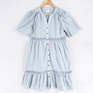 Knox Rose Dress Womens Sz XS Light Blue Cotton Button Up Mini Crochet Lace Trim
